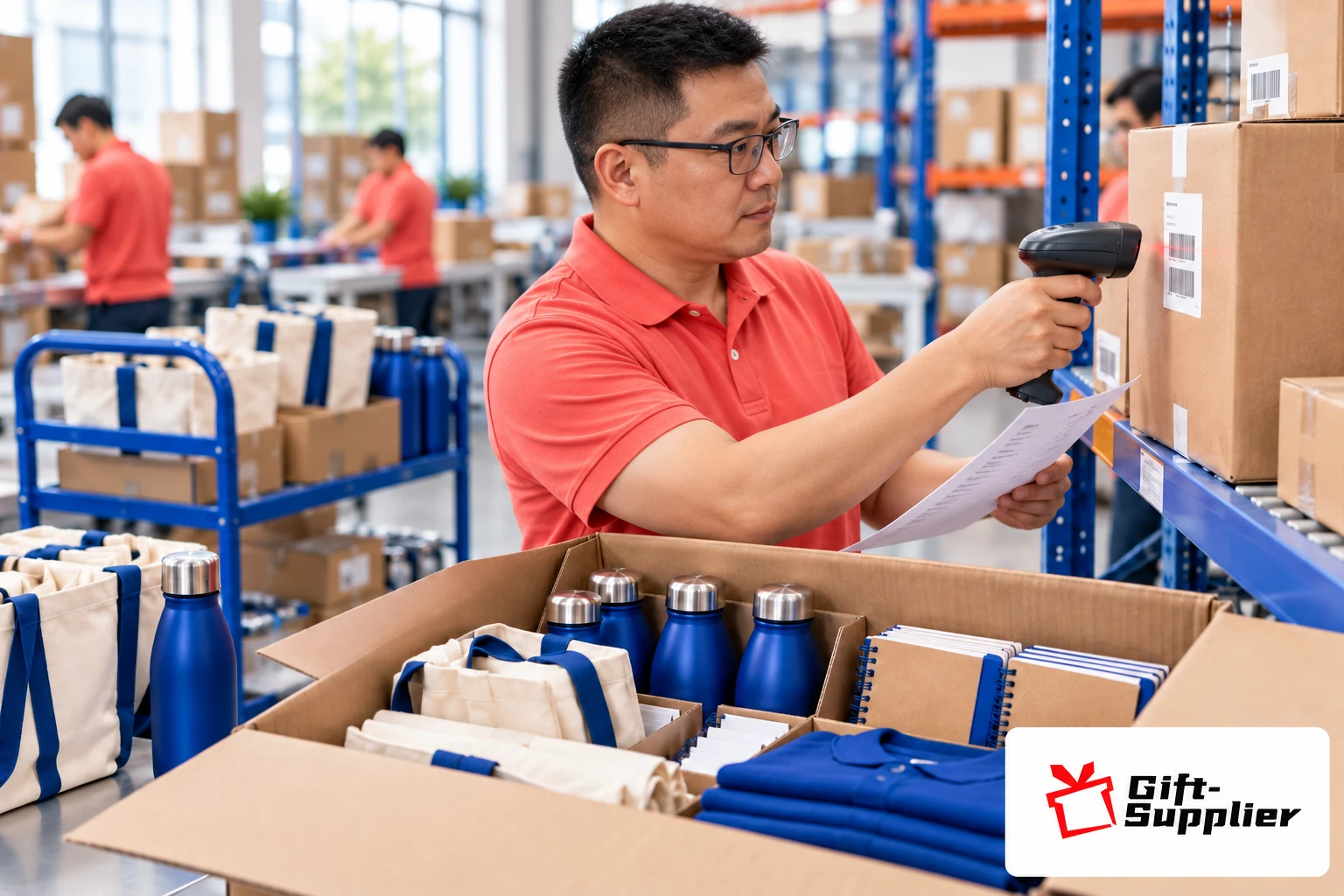 Warehouse worker scanning a shipping box barcode next to a large carton packed with blue water bottles, notebooks, and polo shirts.