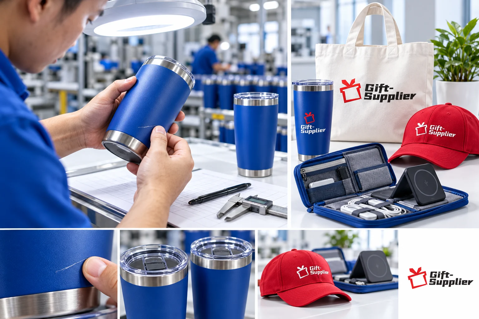 Multi-panel view of an inspector examining a scratched blue tumbler under a magnifying light alongside branded promotional products.