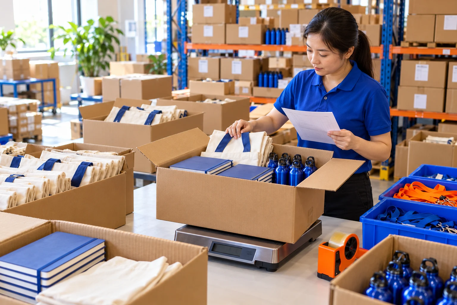 Warehouse worker placing a packed box of corporate gifts on a digital bench scale while holding a shipping manifest.