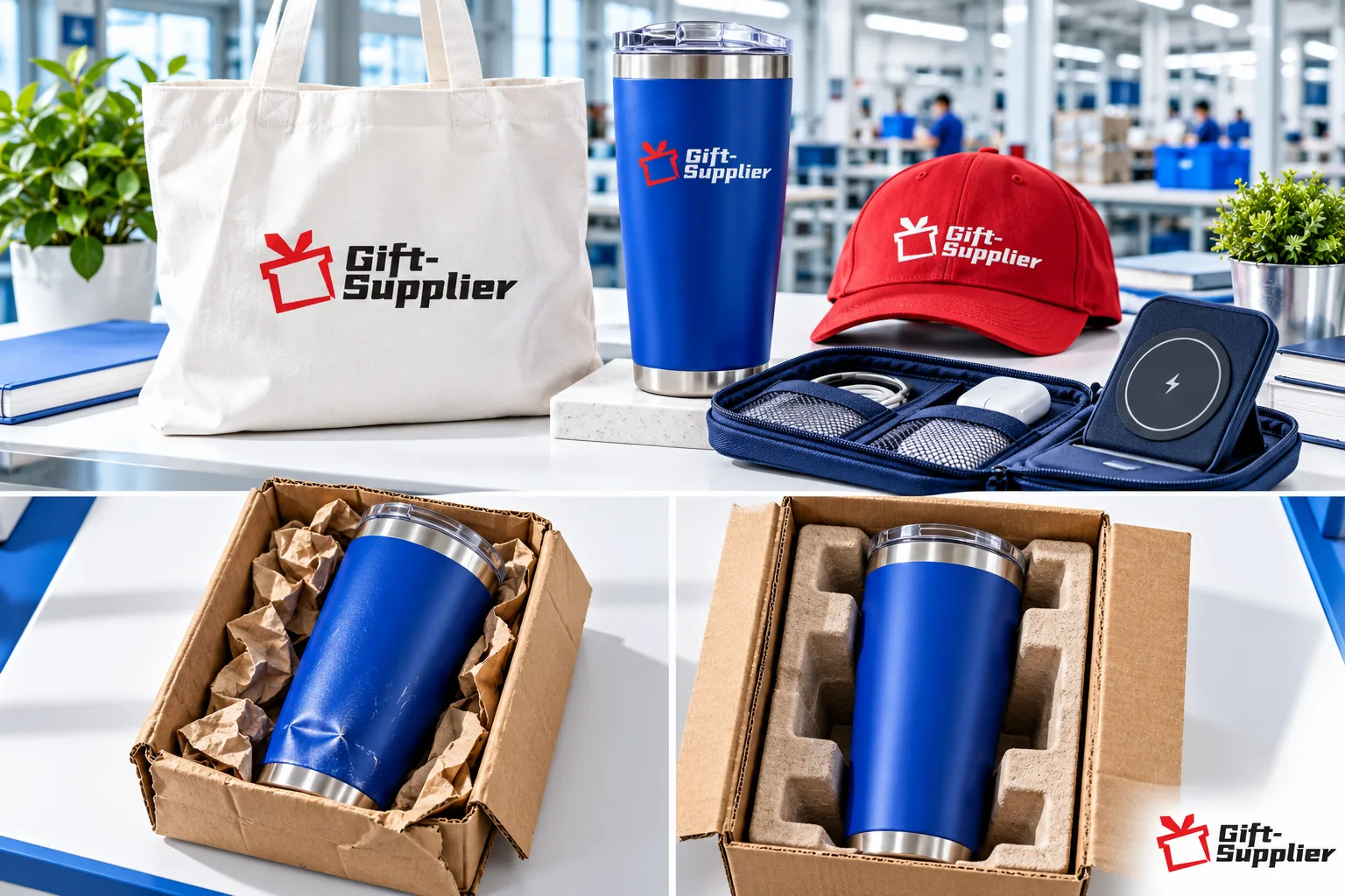 Three-panel comparison showing branded merchandise at the top, a dented tumbler in cheap paper packing, and an undamaged tumbler in molded pulp packaging.