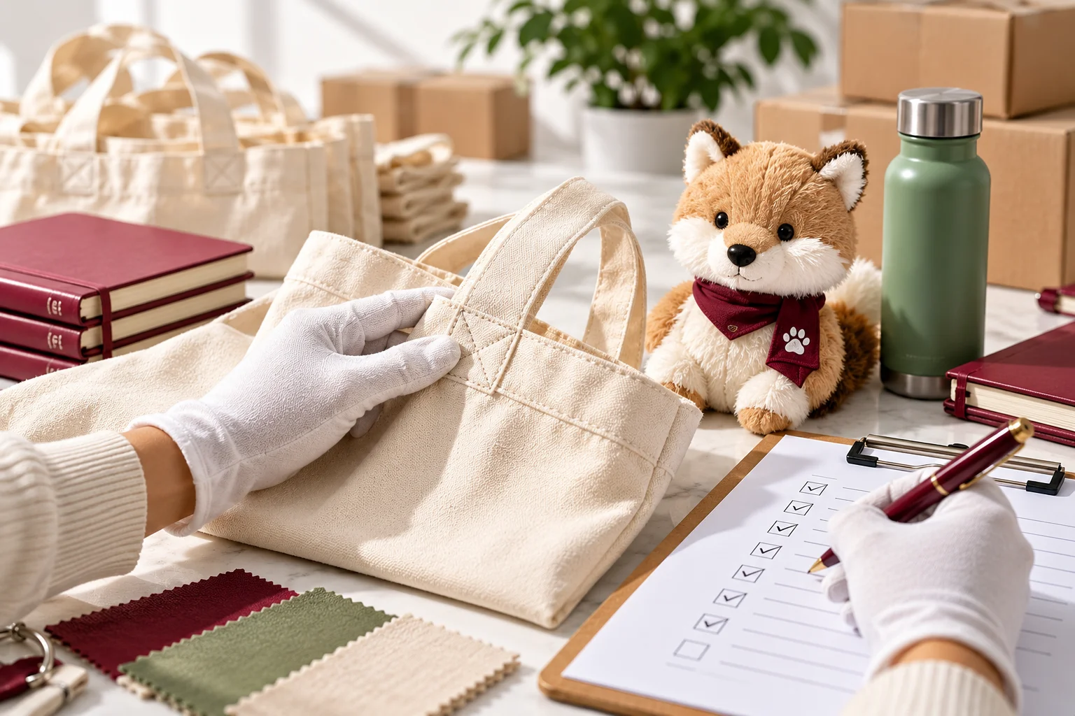 Gloved hands inspecting reinforced stitching on a cream canvas tote against a quality checklist, with product samples and a plush fox in the background.