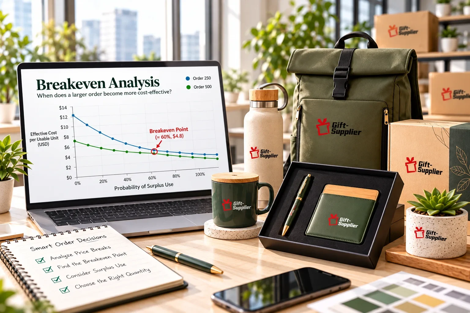 Professional office scene featuring a breakeven chart comparing effective cost per usable unit for two order quantities against the probability of surplus use, with the breakeven point clearly marked.