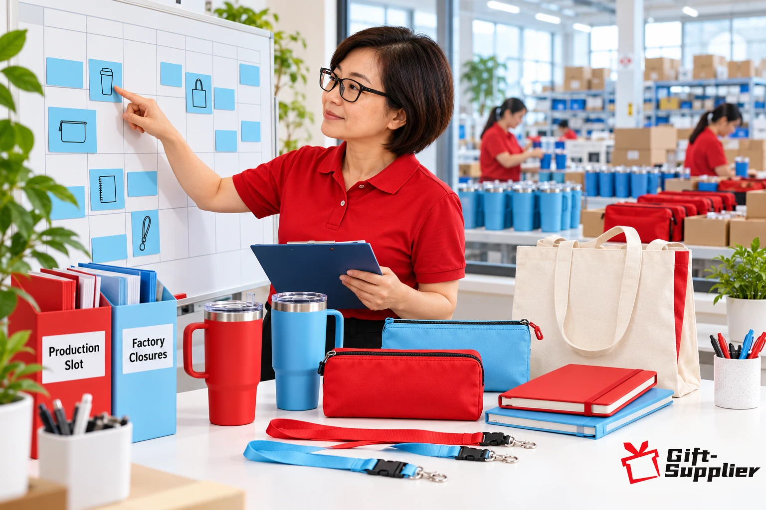 Production manager placing product icons on a scheduling whiteboard in front of factory filing bins labeled Production Slot and Factory Closures.
