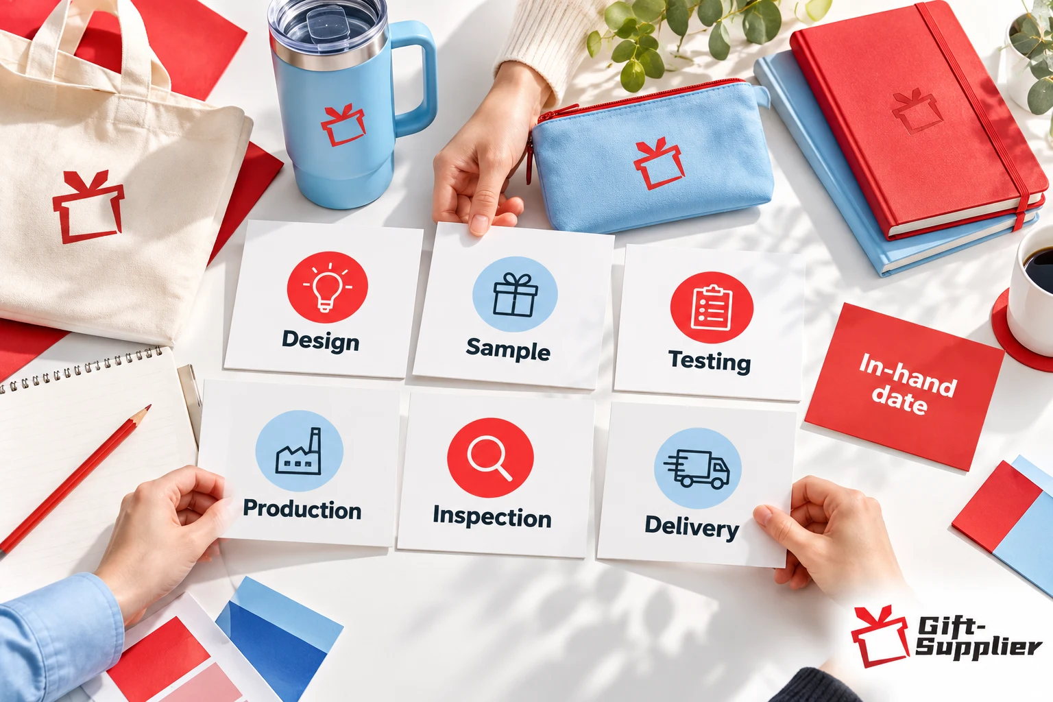 Hands arranging six cards representing Design, Sample, Testing, Production, Inspection, and Delivery leading to a red In-hand date card.