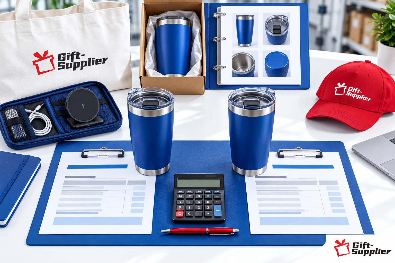 Two blue tumblers placed on separate quotation sheets on a desk with a calculator, comparison binder, and branded corporate merchandise.