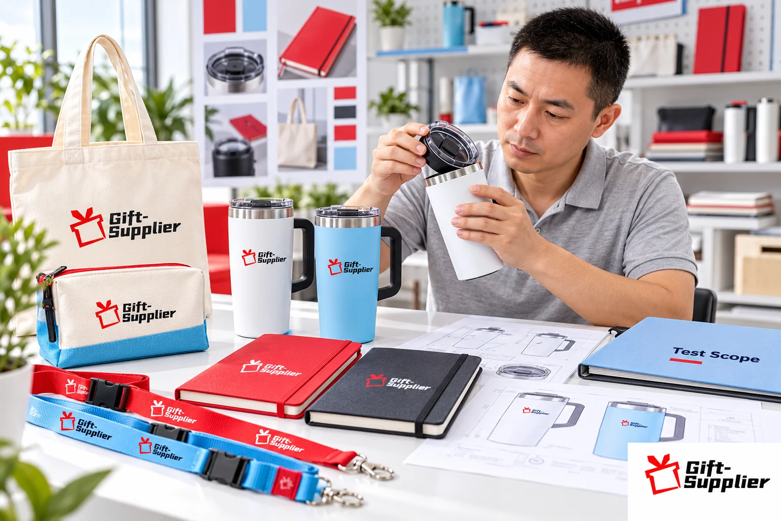 Product engineer inspecting the seal and lid of a white tumbler over blueprinted technical drawings and a Test Scope file.