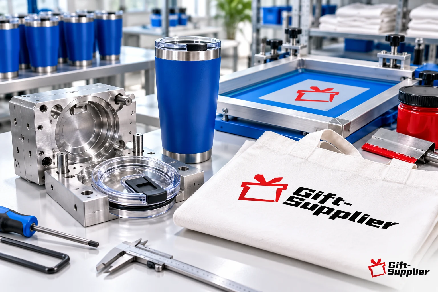 Steel injection mold tooling, screen printing frame, red ink, calipers, and branded corporate merchandise on a production bench.