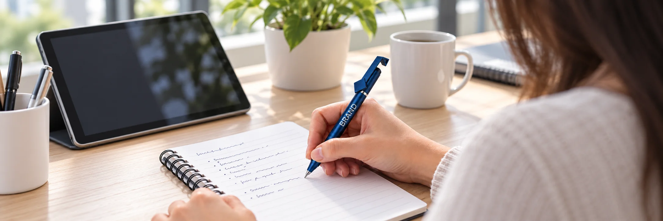 Person writing with a custom plastic stylus pen at an office desk