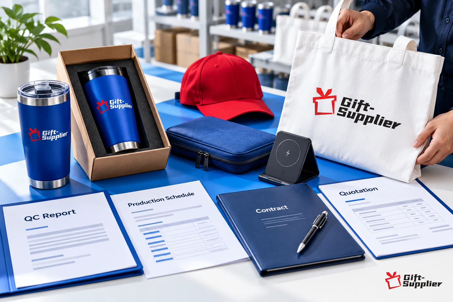 Hands holding a branded canvas tote bag over a desk displaying QC reports, production schedules, contracts, quotations, and sample gifts.