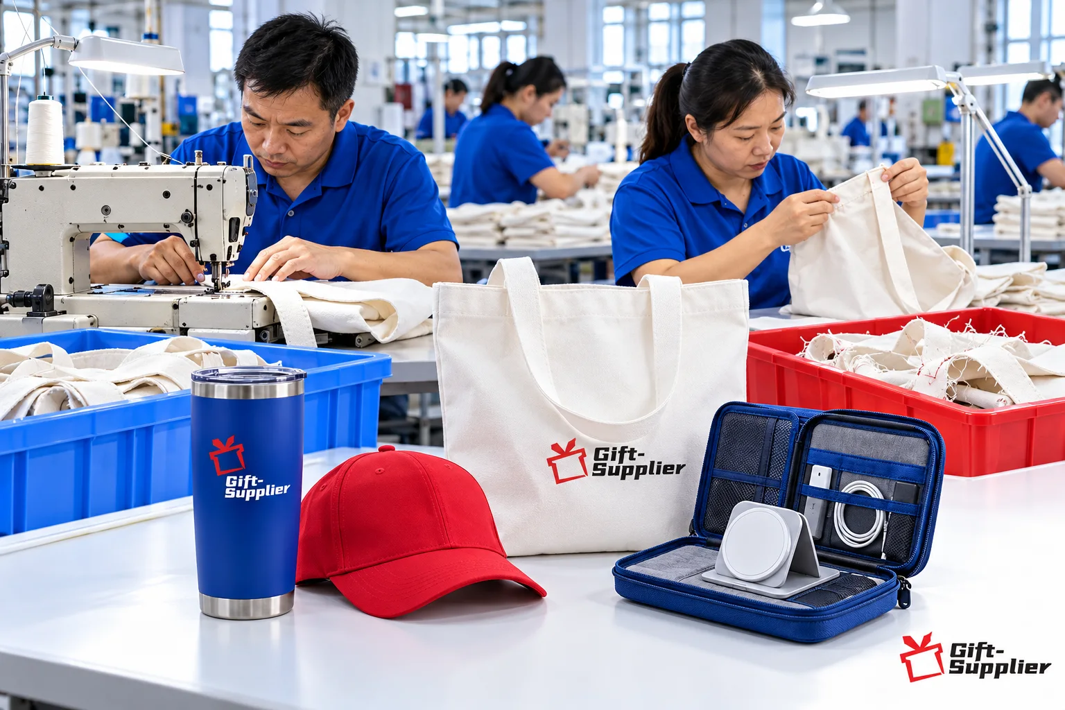 Garment factory workers stitching canvas tote bags at industrial sewing machines behind a display of finished promotional items and a red rework bin.