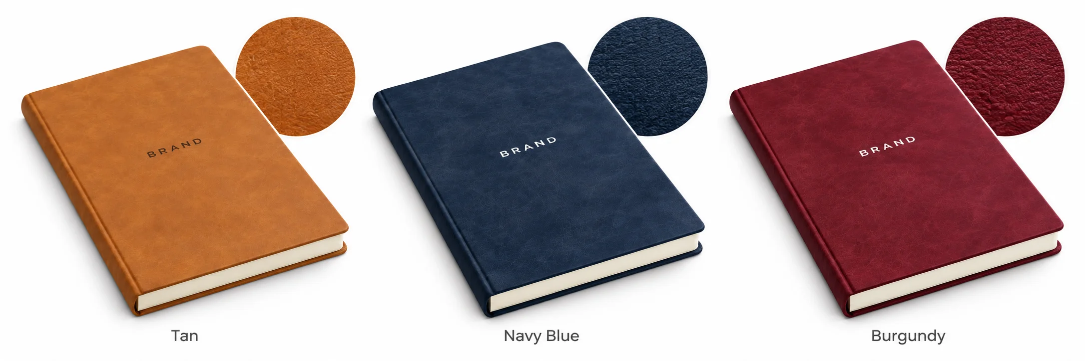 Tan, navy blue and burgundy journals beside a close-up of the textured PU cover