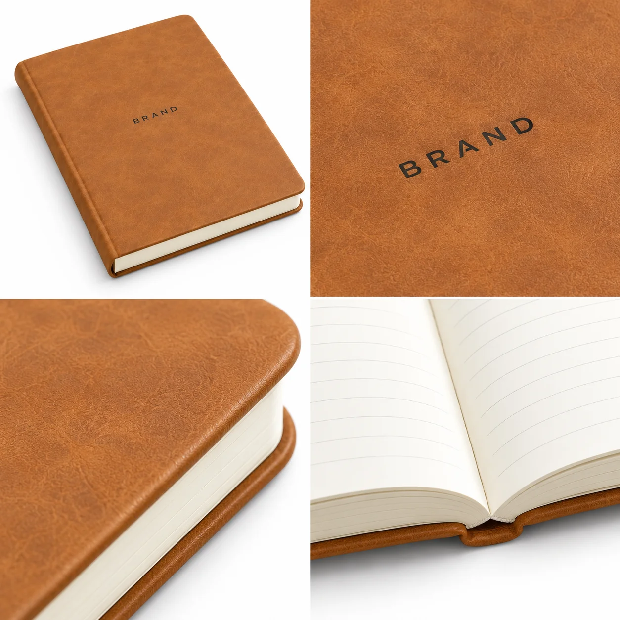 Tan journal with close-up views of the PU cover texture, rounded corner and inner binding