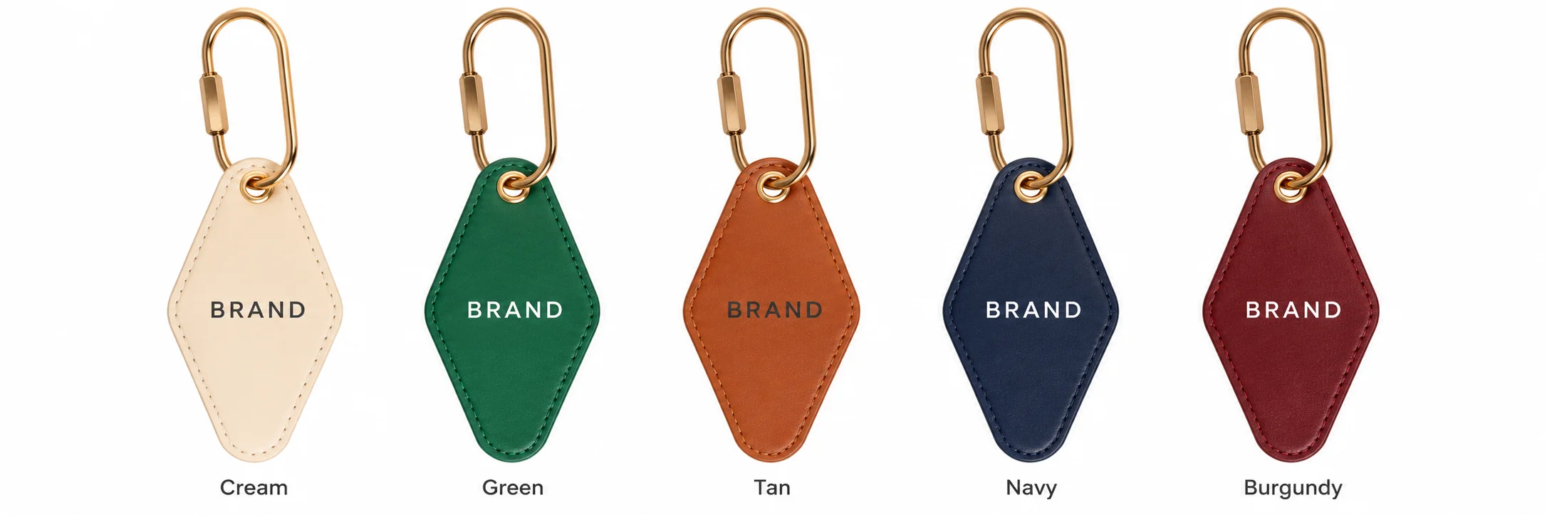Five PU leather key tags labeled cream, green, tan, navy and burgundy