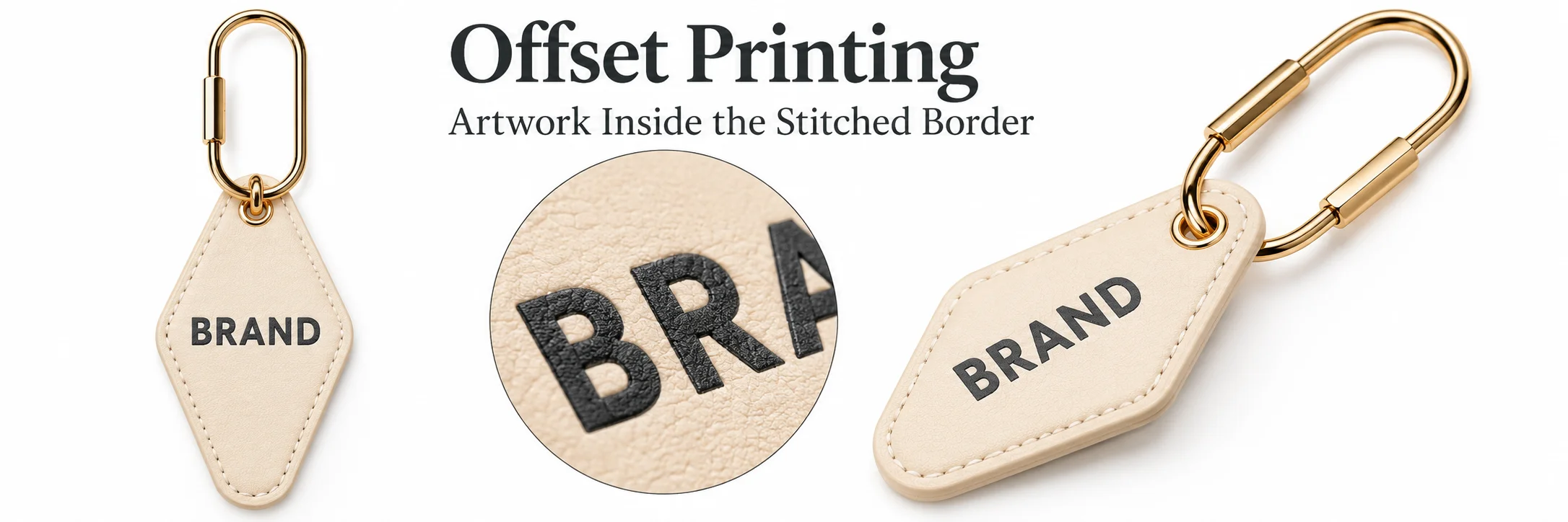 Cream PU leather key tags demonstrating printed artwork with an enlarged surface detail
