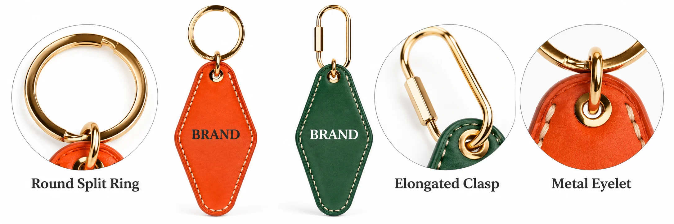 PU leather key tags showing round split-ring and elongated clasp attachments with eyelet details