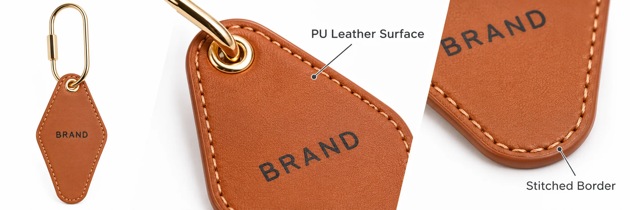 Tan PU leather key tag beside close-ups of its surface texture and stitched edge