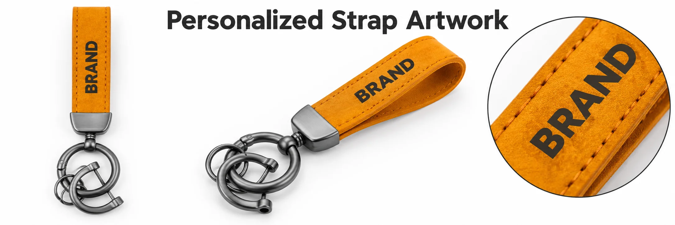 Orange-yellow loop keychains with front, angled and close-up views of personalized lettering on the straps