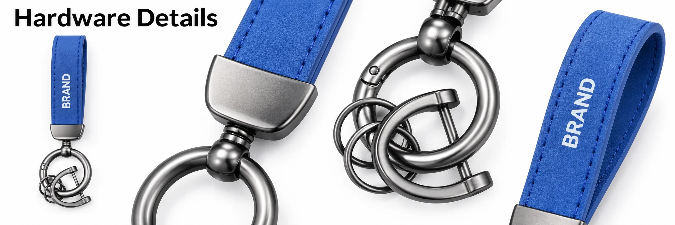 Blue PU leather loop keychain beside close-ups of its metal fitting, clasp, split rings and strap connection