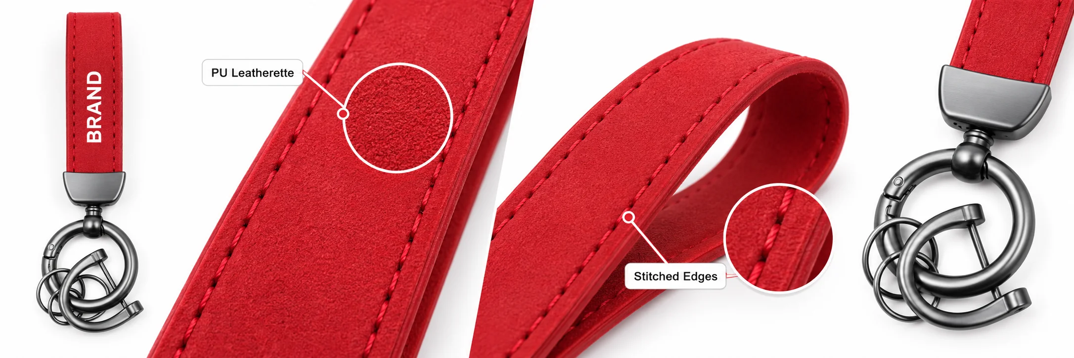 Red PU leather loop keychain beside close-ups of its strap texture, stitching and folded profile