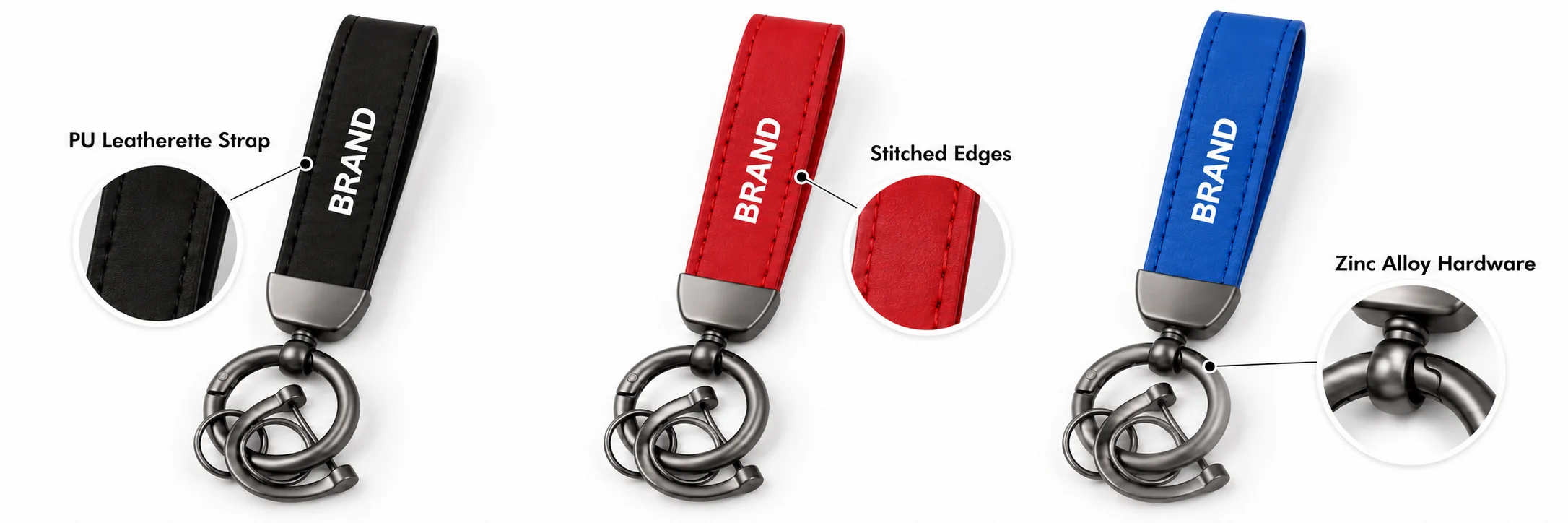 Black, red and blue loop keychains with labels identifying the leatherette straps, stitched edges and zinc alloy hardware