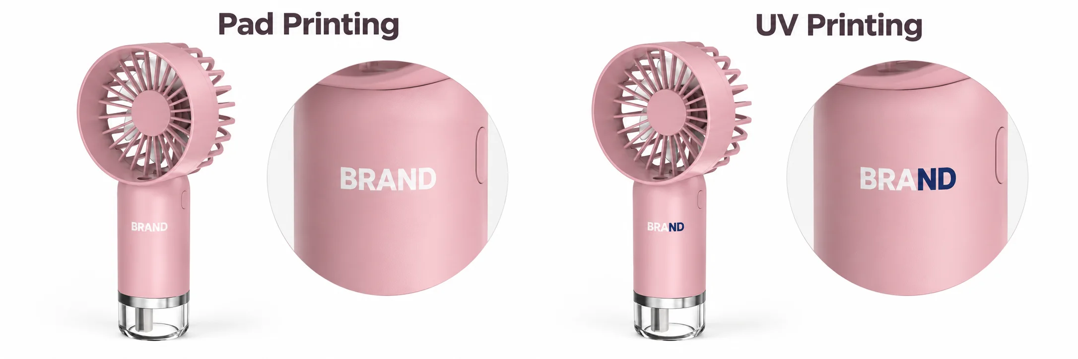 Pad printing and UV printing demonstrated on pink fan handles with enlarged artwork details
