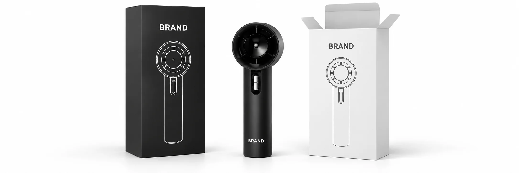 Black handheld fan beside open and closed printed individual product boxes