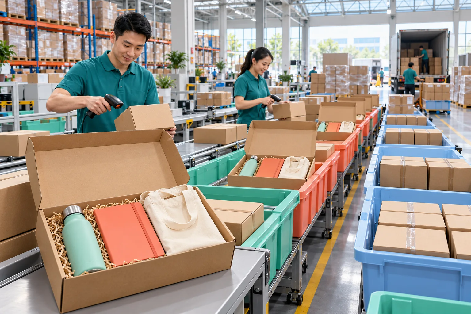 Warehouse workers scanning corporate gift boxes containing a water bottle, journal, and tote bag on a fulfillment assembly line.