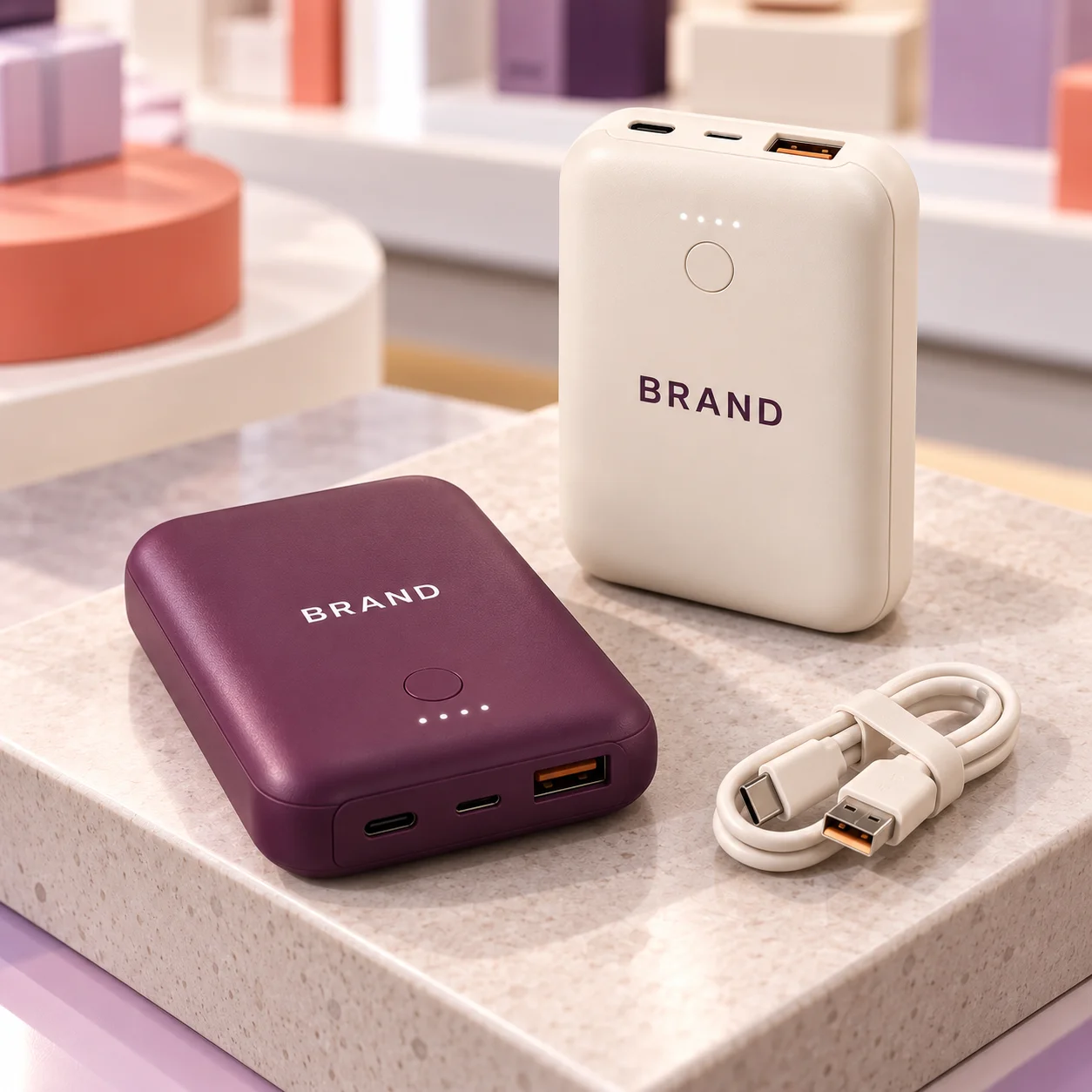 Plum and cream branded power banks beside a coiled charging cable