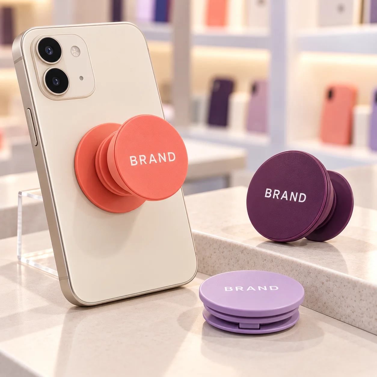 Coral phone grip attached to a smartphone beside plum and lavender variants