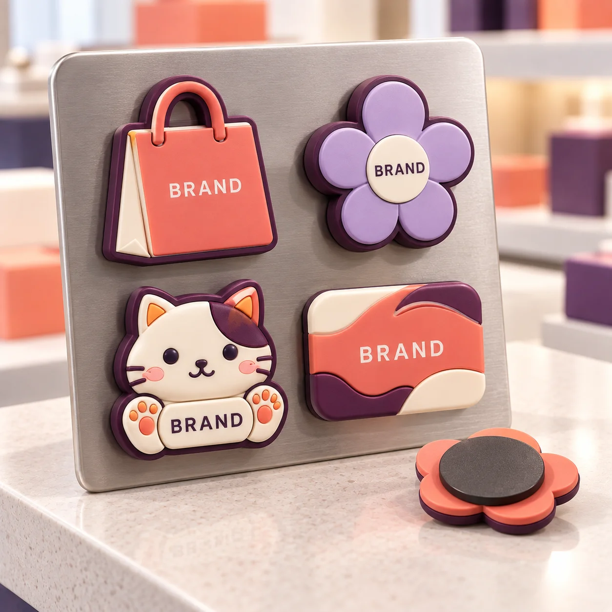 Custom-shaped promotional magnets with one magnetic backing visible