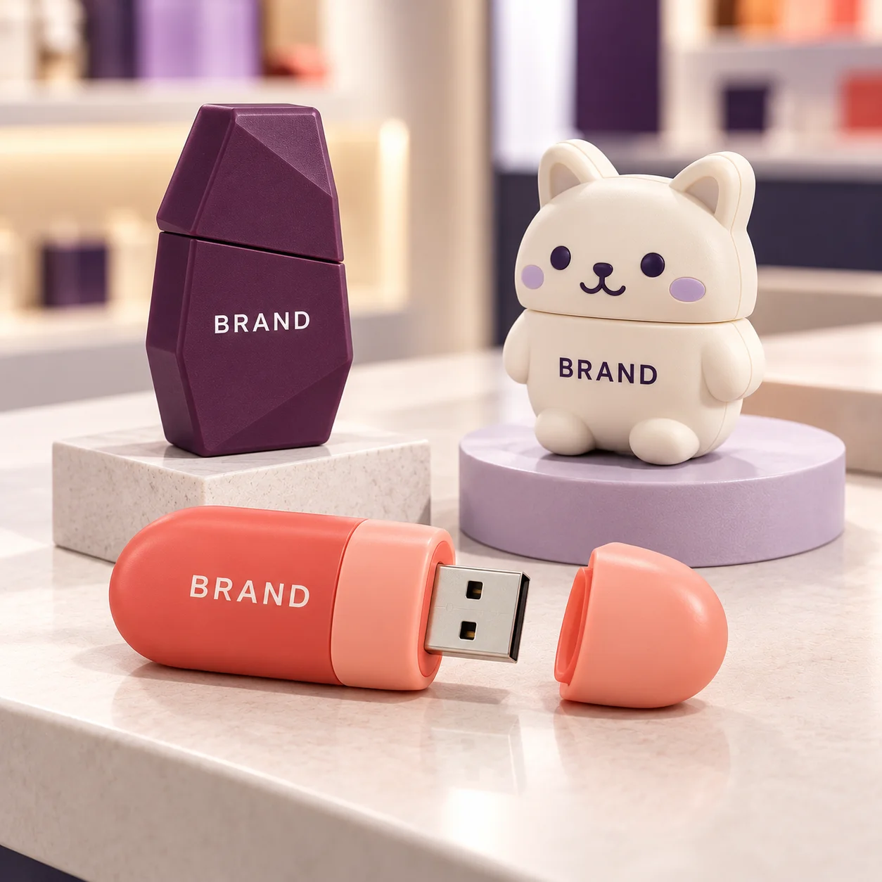 Coral, plum and cream custom-shaped USB drives with a visible USB connector
