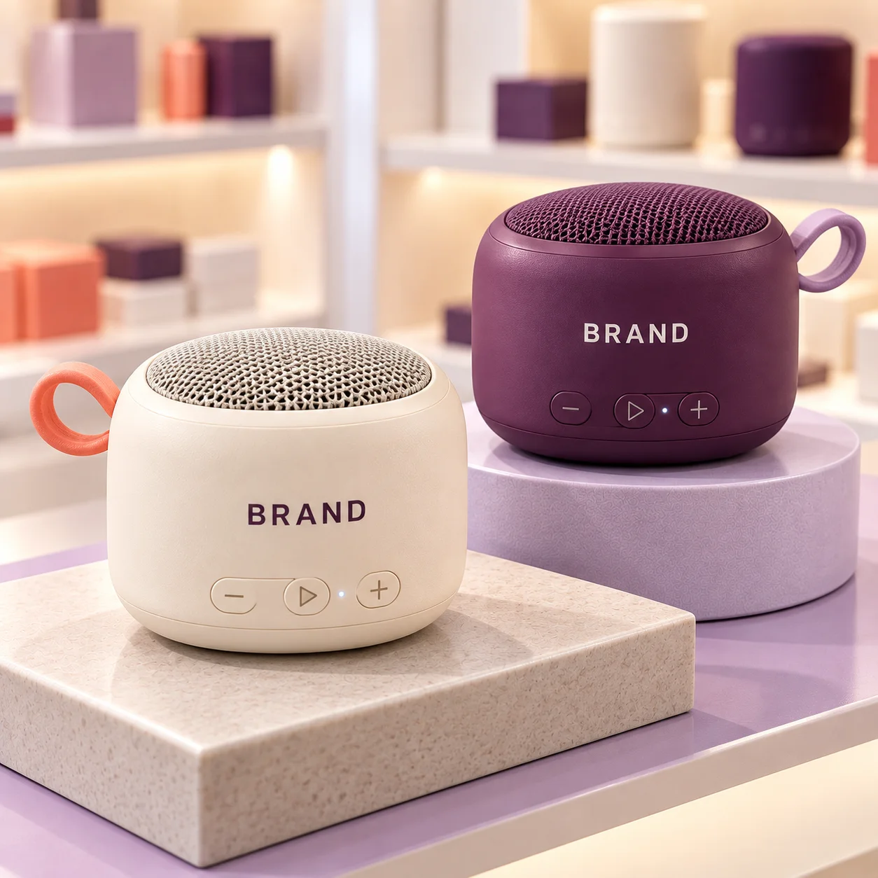 Cream and plum branded Bluetooth speakers with visible grilles