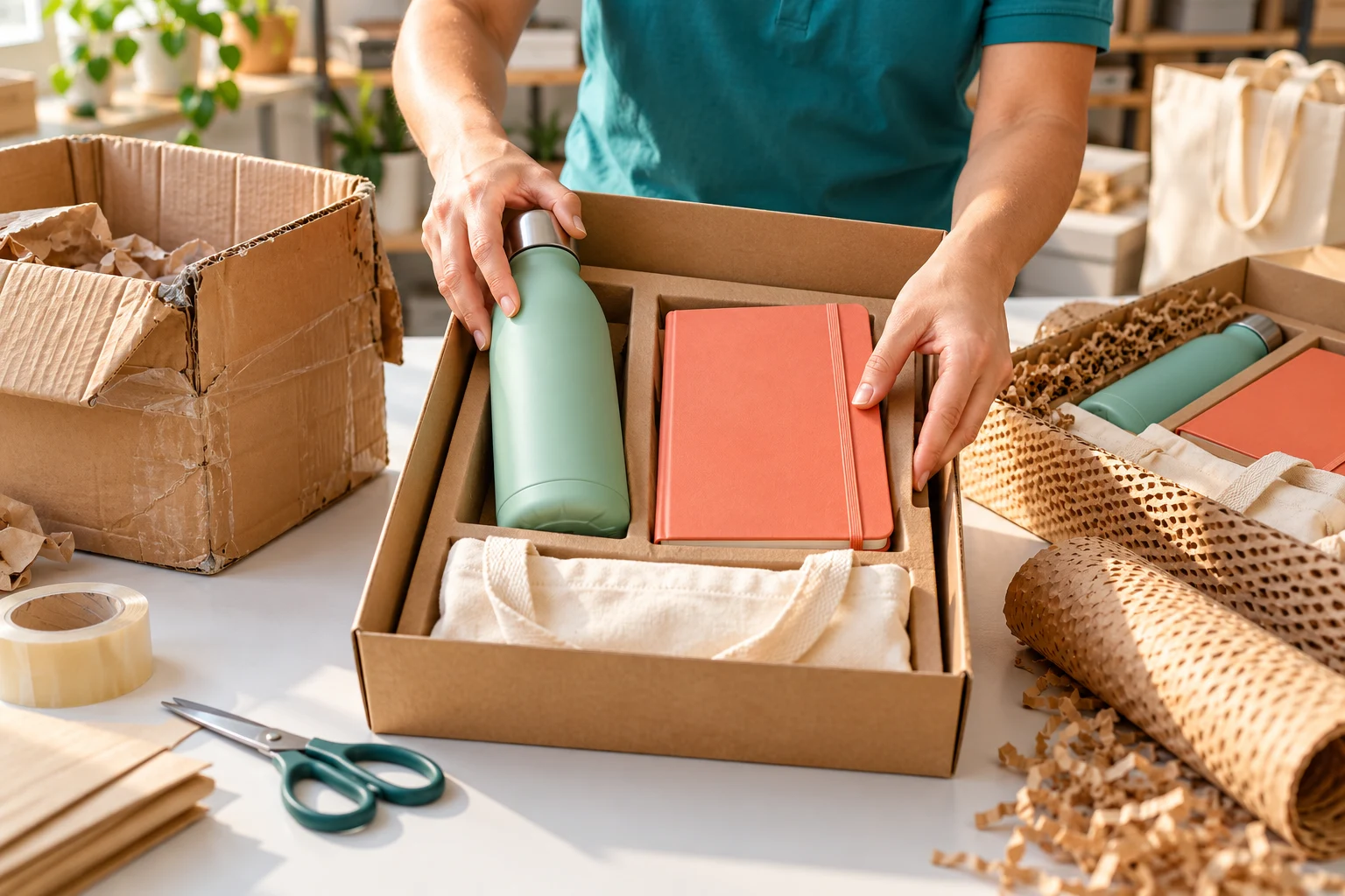 Worker inspecting and re-arranging corporate gift items into a fresh cardboard insert box at a repacking station.
