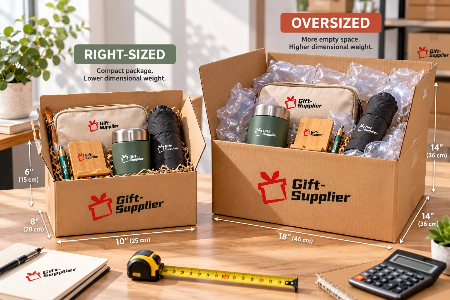 Right-sized and oversized shipping cartons compared for the same promotional gift set