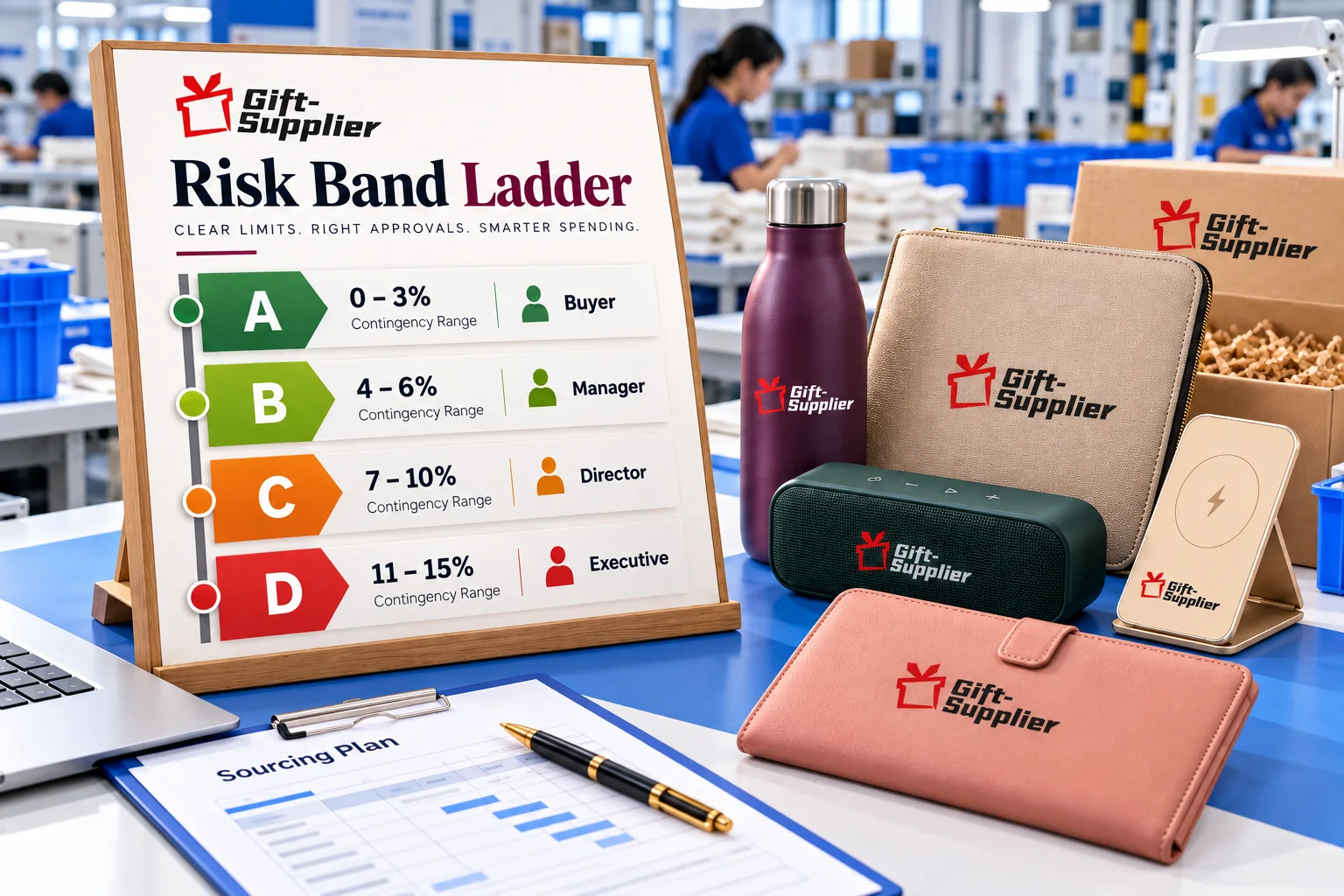 Four-step ladder showing risk bands A to D with contingency ranges.