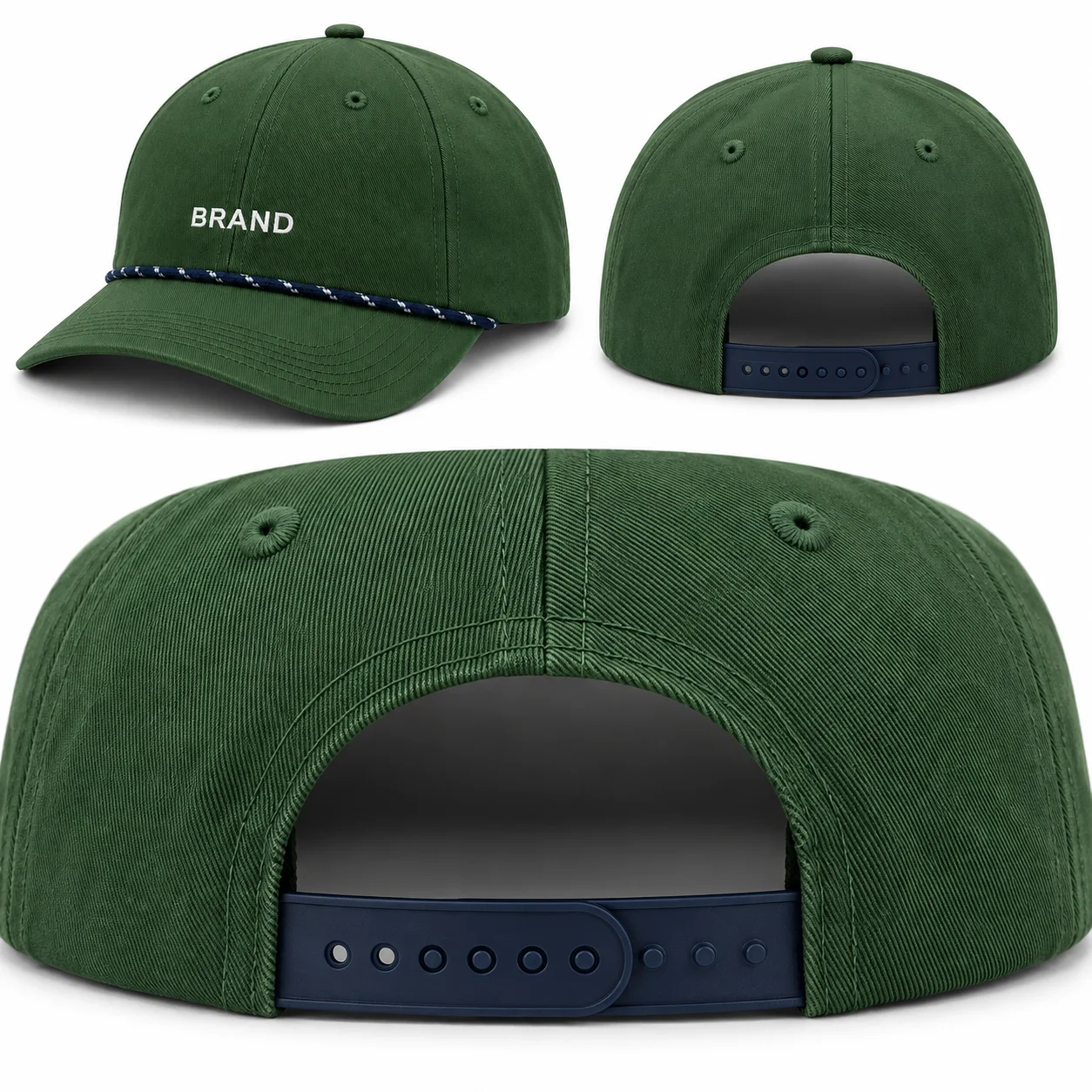 Green rope cap shown from the front and rear with its adjustable snapback fastening