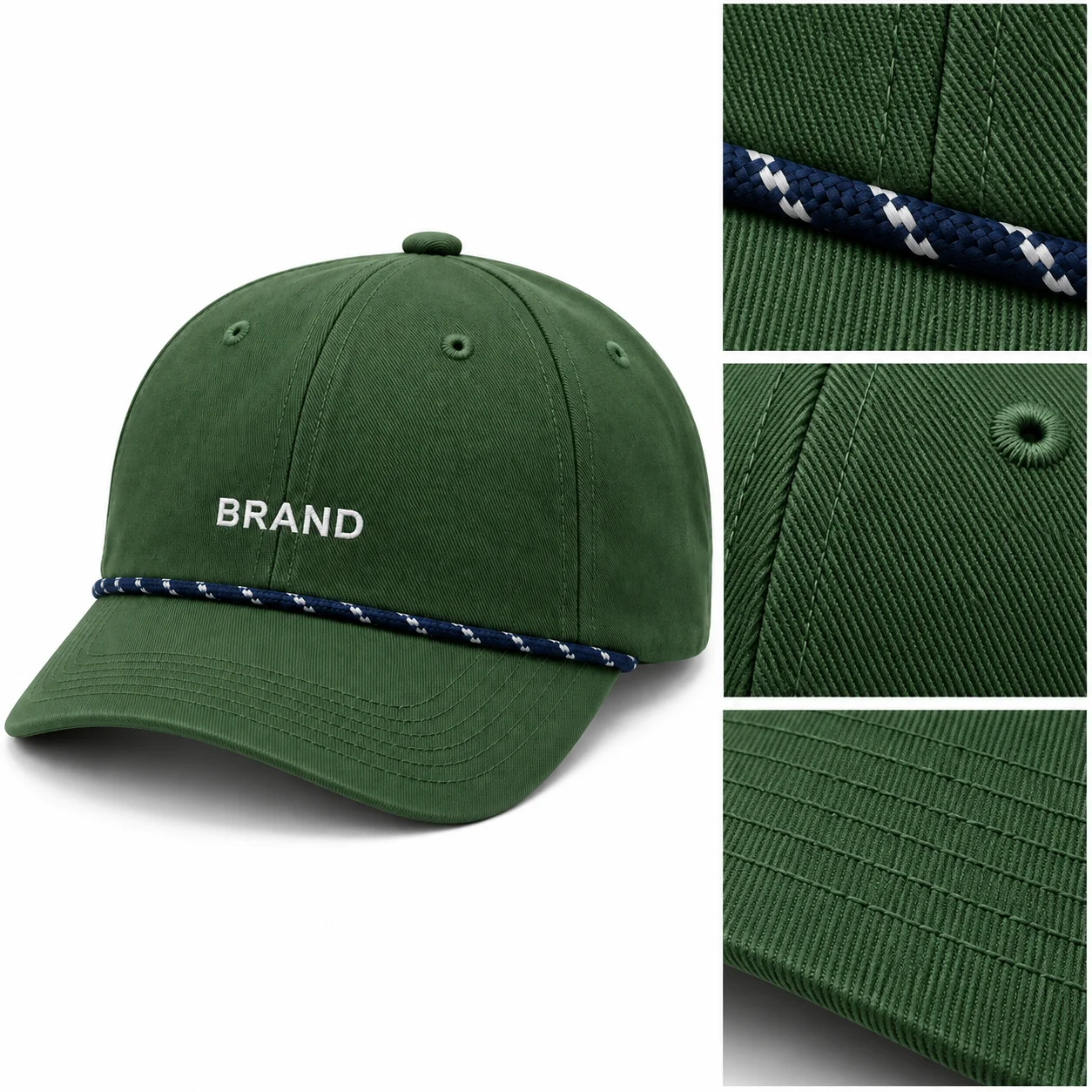 Green cap with close-up views of its contrasting rope, shell texture and visor stitching