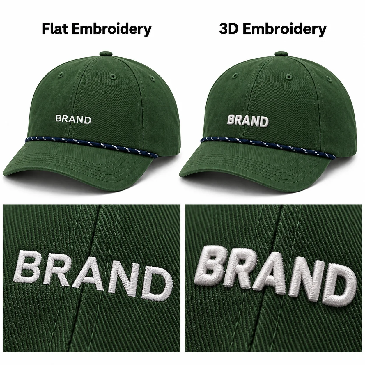 Green rope caps comparing flat and raised white embroidery with enlarged stitch details