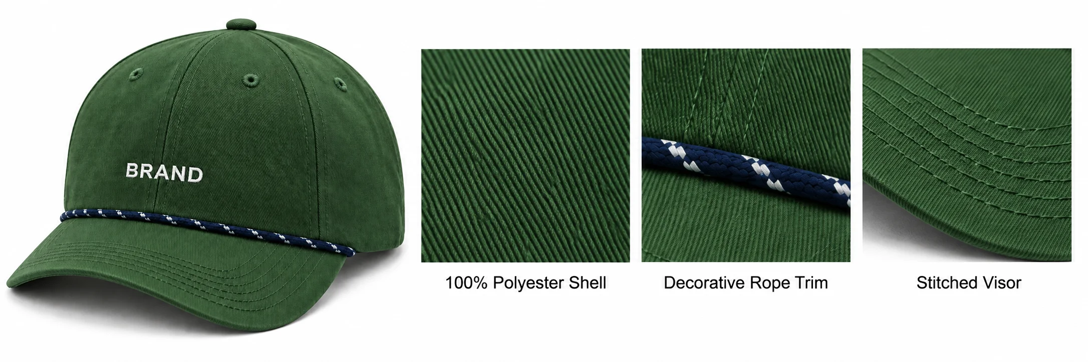 Green rope cap with enlarged shell-texture, rope-trim and visor-stitching details