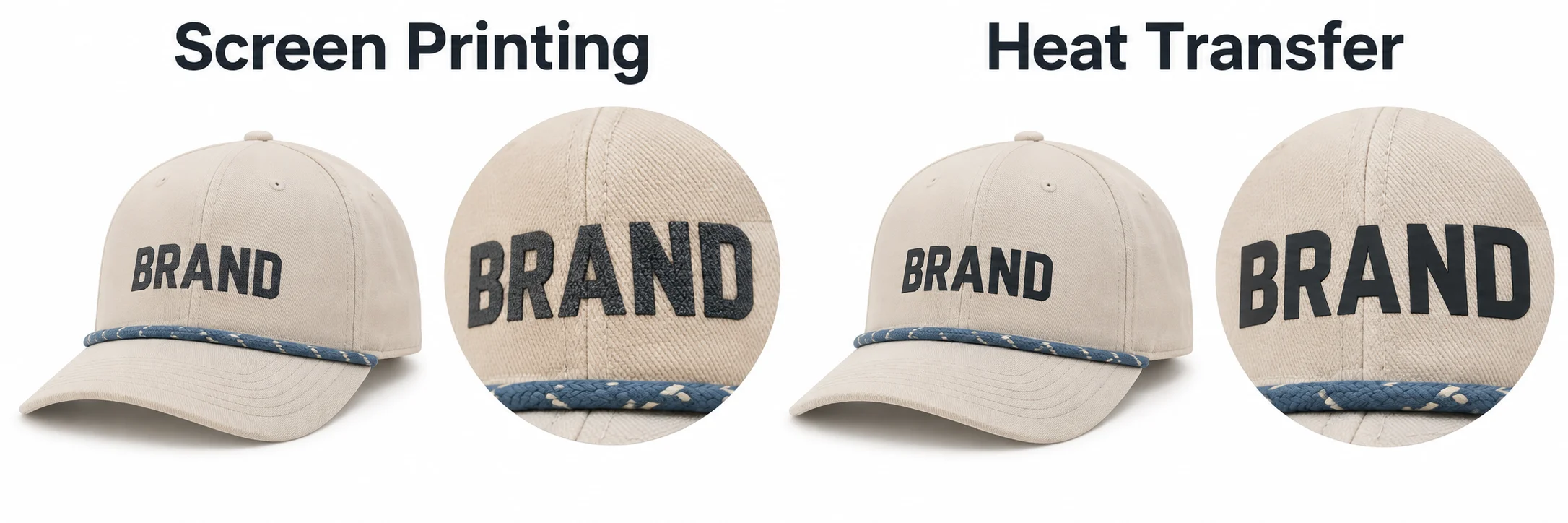 Screen printing and heat transfer shown on cream rope caps with enlarged lettering details