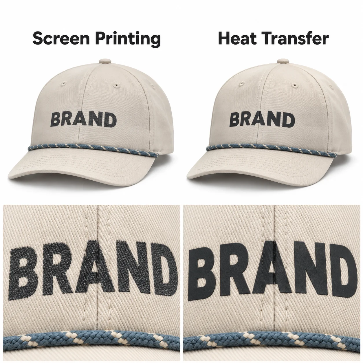 Cream rope caps comparing screen printing and heat-transfer lettering with enlarged details
