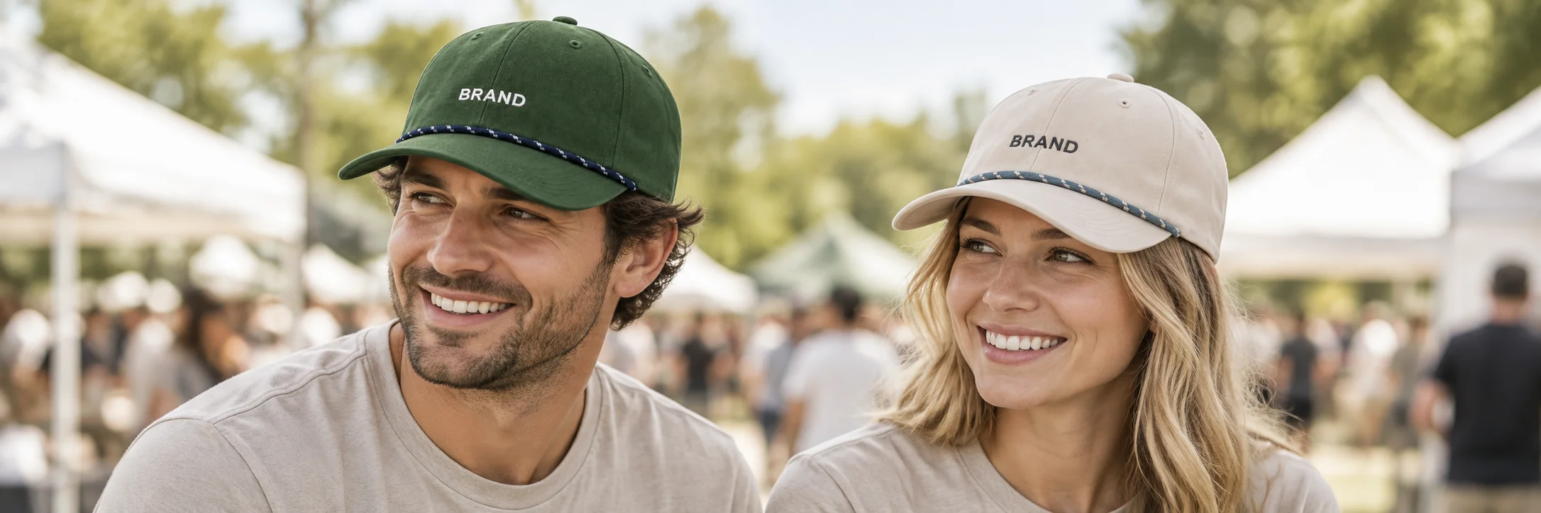 Two staff members wearing green and cream embroidered rope caps at an outdoor event