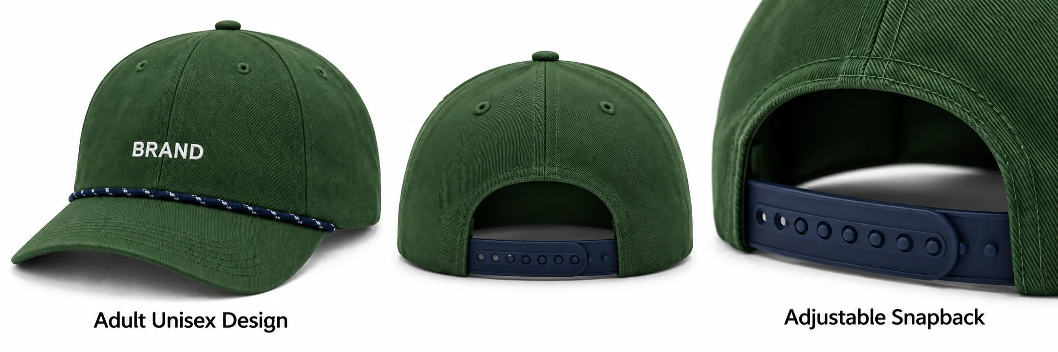 Front and rear views of a green rope cap with an enlarged snapback fastening