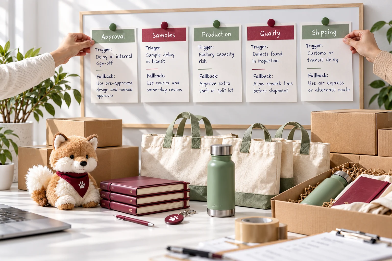 Promotional order contingency board showing approval, sample, production, quality, and shipping triggers with fallback actions in a bright studio workspace.