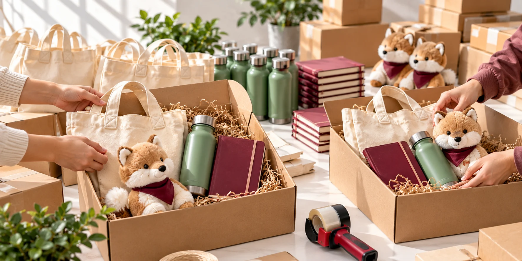 Hands packing promotional gift boxes with canvas tote bags, sage green bottles, burgundy notebooks, and plush fox toys in a clean fulfillment workspace.