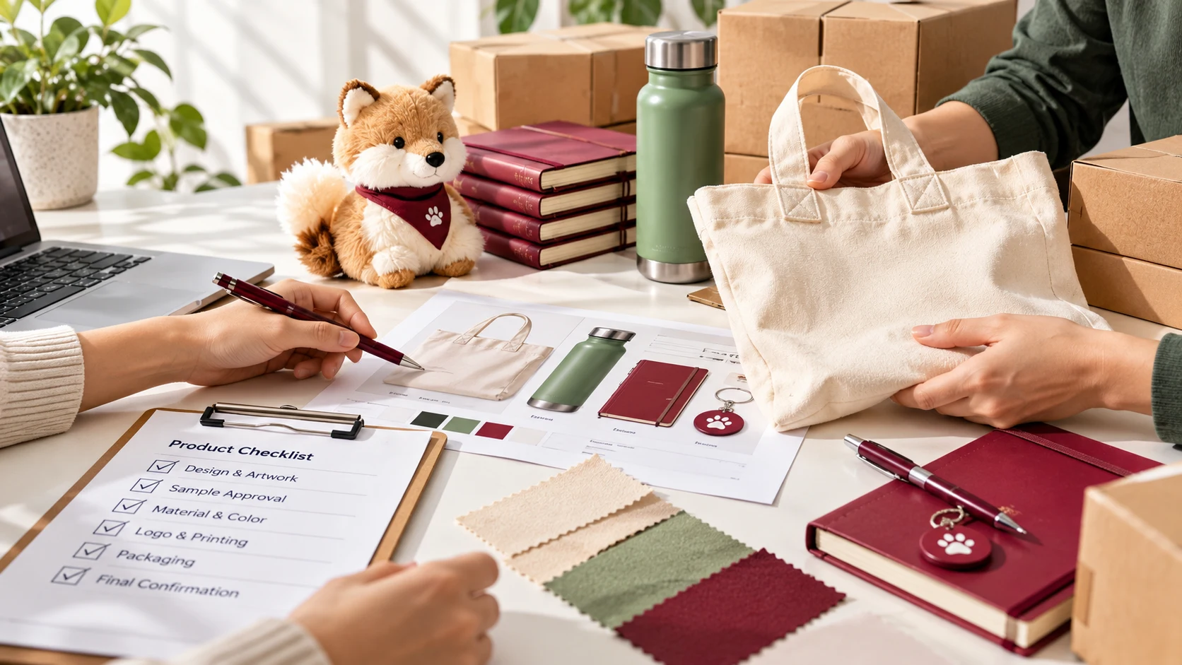 Hands reviewing a cream canvas tote sample, product checklist, fabric swatches, and promotional merchandise artwork in a bright studio workspace.