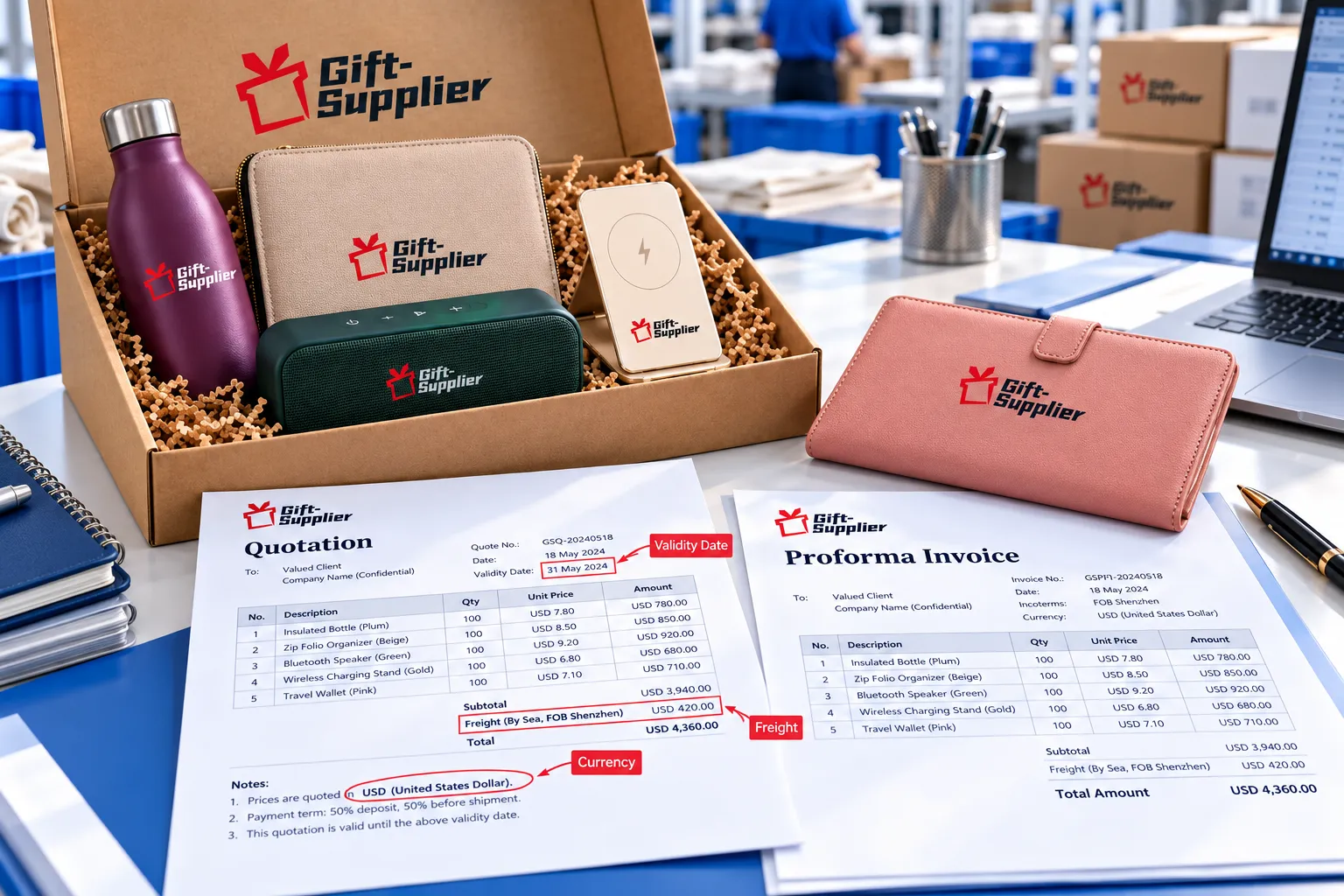 Gift sample beside an itemised quote with freight, currency and validity date highlighted.