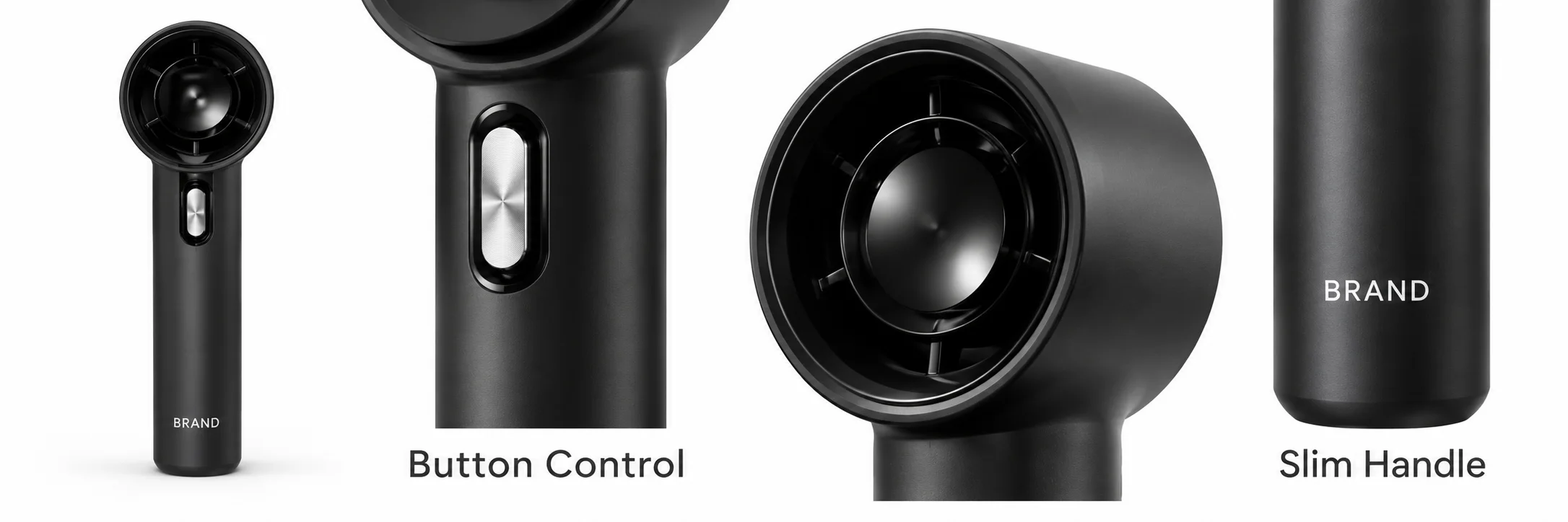 Black fan with enlarged views of its control area, cylindrical outlet and slim handle