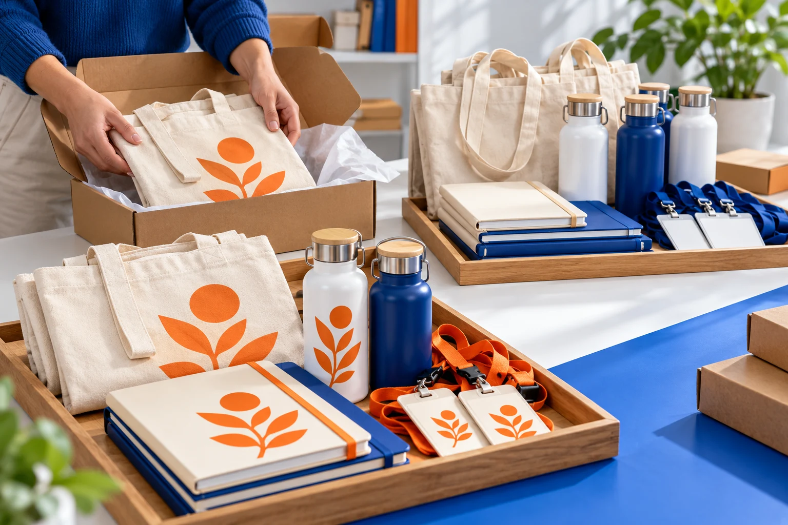 Person packing premium custom graphic gift sets into boxes next to a tray of standard corporate gifts.