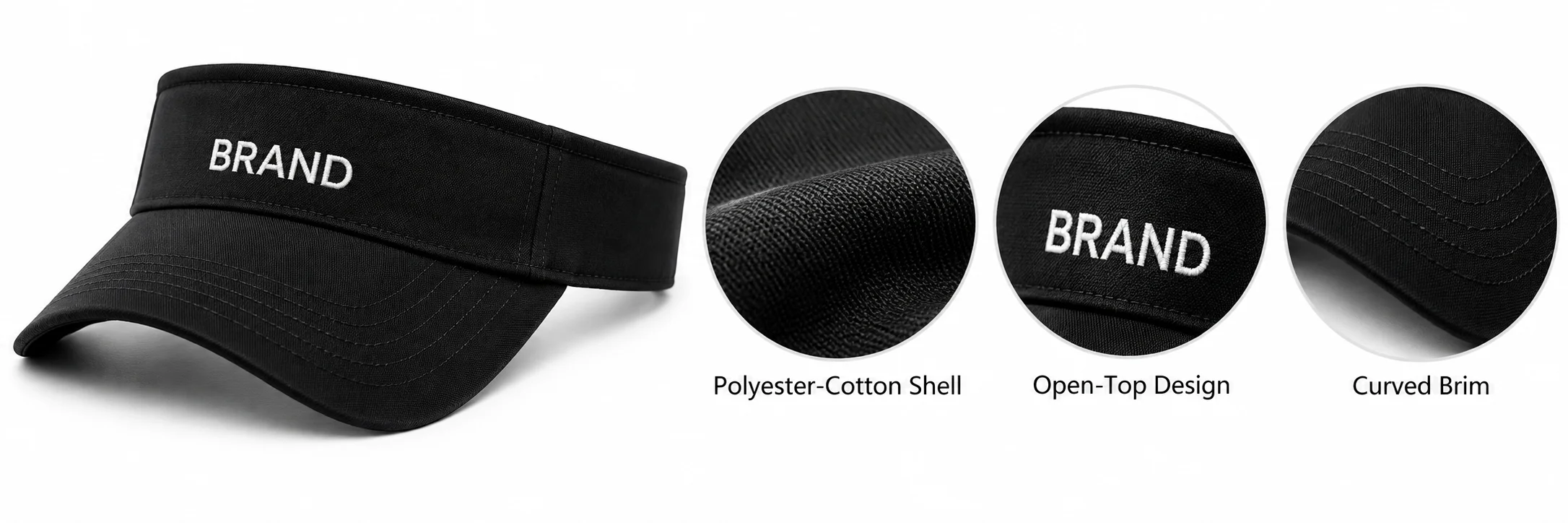 Black visor with enlarged shell-texture, band-edge and brim-stitching details
